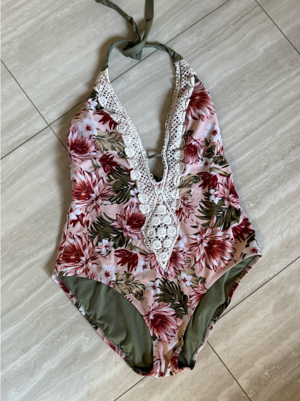 Kona Sol Pink Floral One-Piece Swimsuit with Olive Trim open back deep V full bo